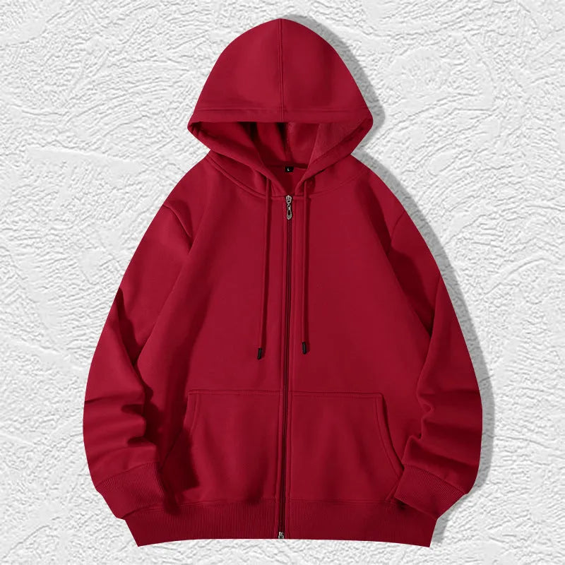 Men's plus size 420g hooded zip-up sweater in loose cardigan style with top-stitched pockets