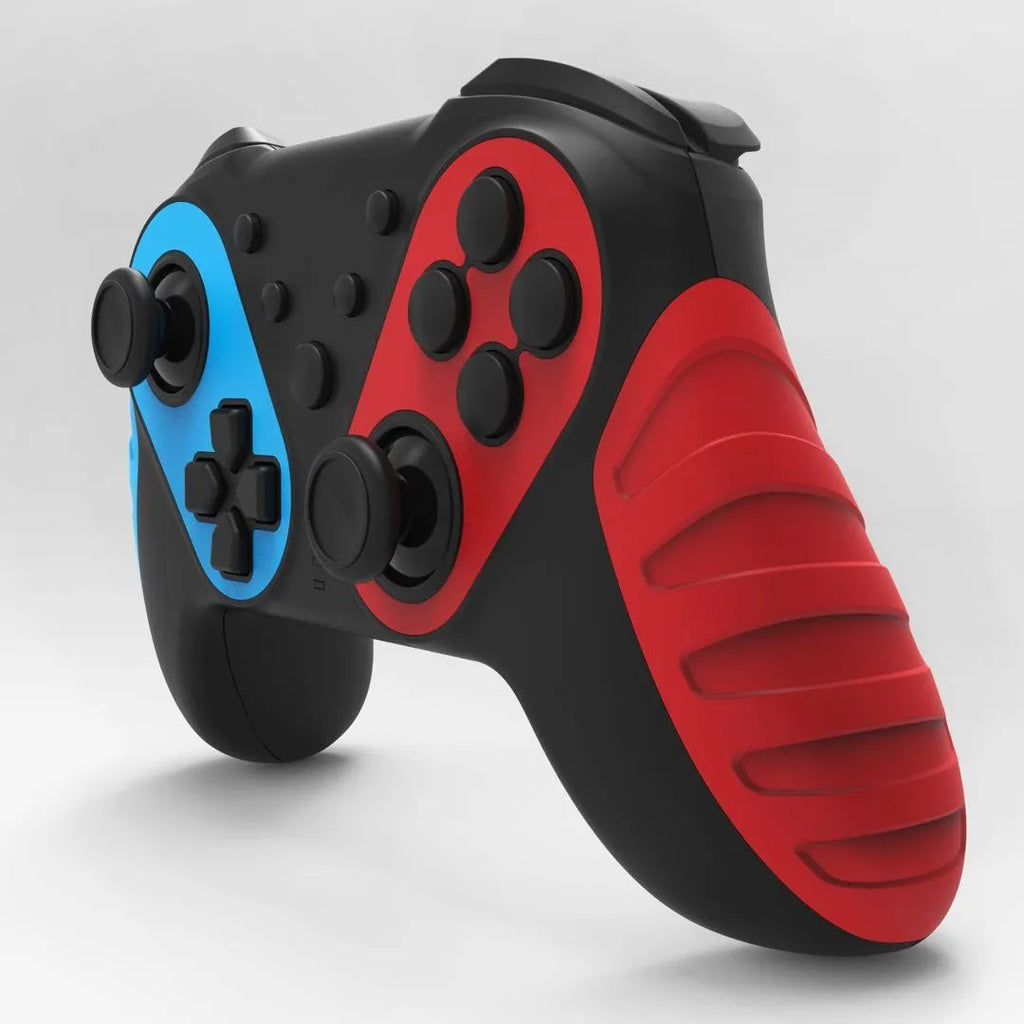Red and blue wireless Bluetooth gamepad controller for Nintendo Switch and PC on a colour box.