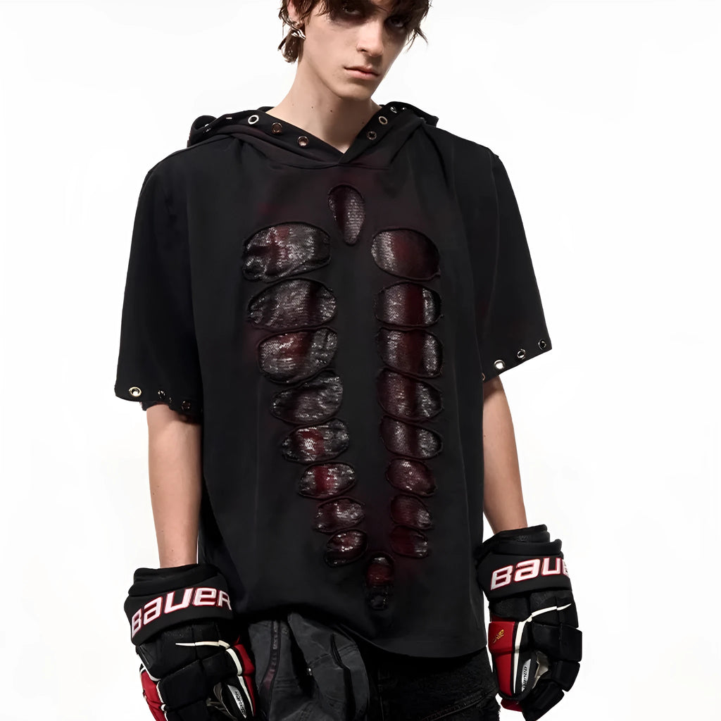 Black men's hooded T-shirt with sequin design and short sleeves in loose-fitting style