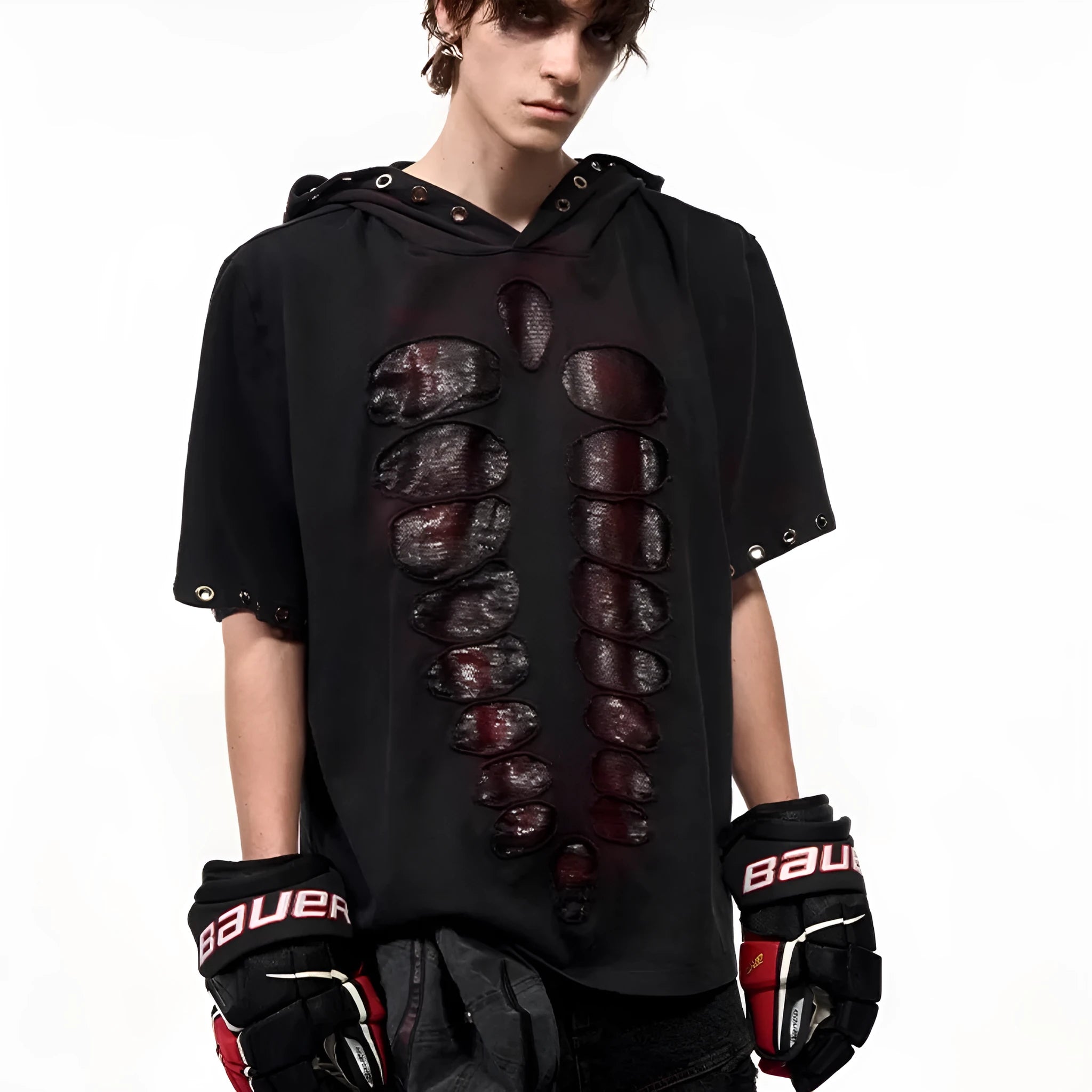 Black men's hooded T-shirt with sequin design and short sleeves in loose-fitting style