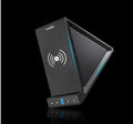 Black multifunctional Bluetooth speaker with integrated phone stand and wireless charging pad showing 165mm length