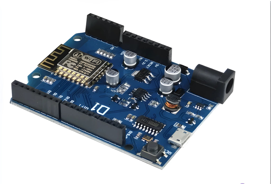 Black ESP8266 WiFi development board with Arduino compatibility and multiple connection pins