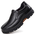 Men's black and brown business casual slip-on shoes made from soft cowhide leather with rubber soles.