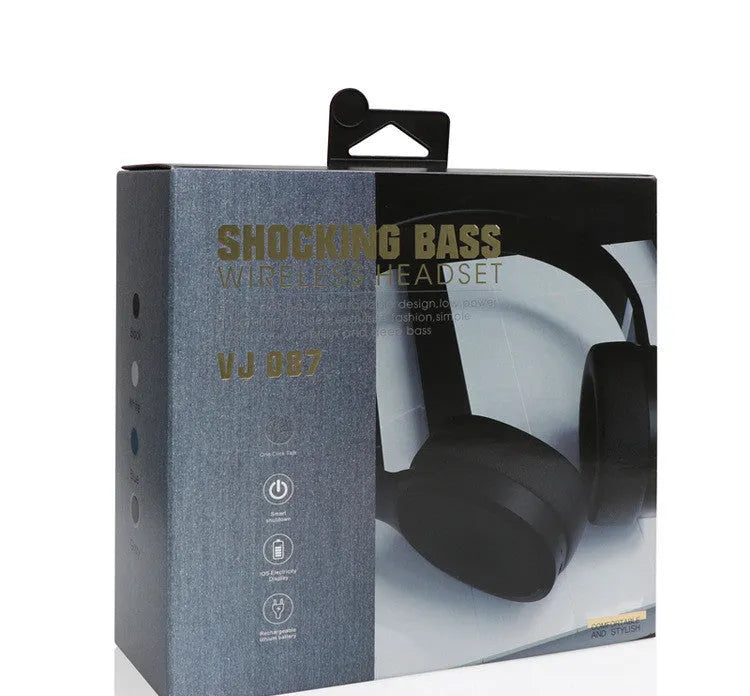 Wireless Bluetooth over-ear headset in black, shown with its packaging box.