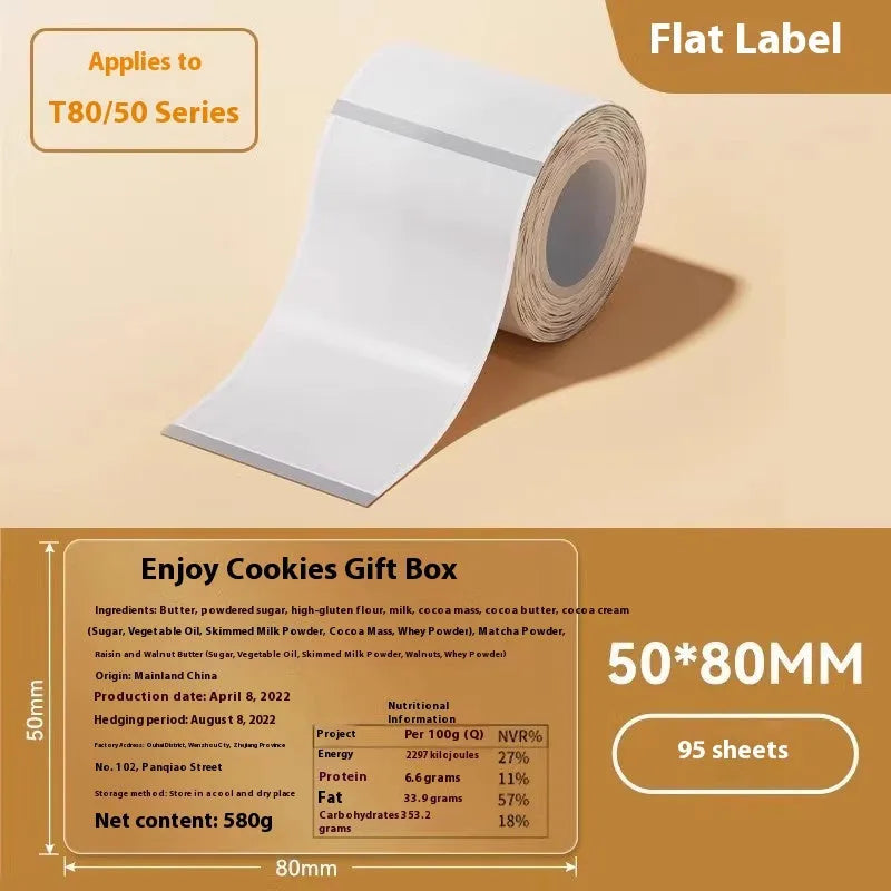 Transparent waterproof adhesive label stickers in multiple rectangular and circular sizes on thermal synthetic paper