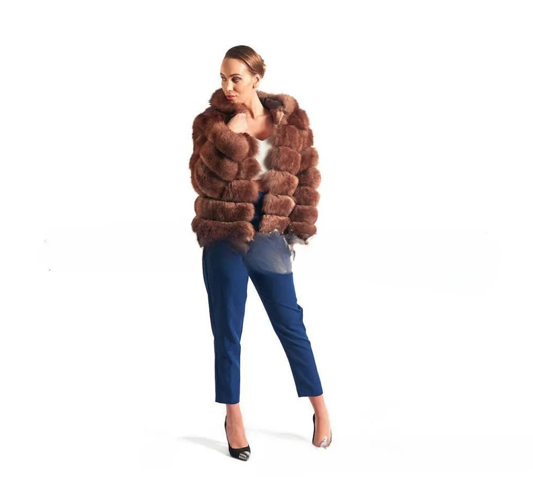 Women's loose hooded faux fur coat in street fashion style showing brown colour option