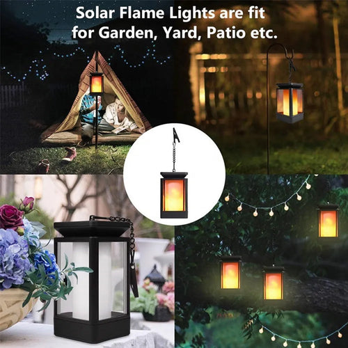 Antique flame style solar garden lamp with LED lights in outdoor setting