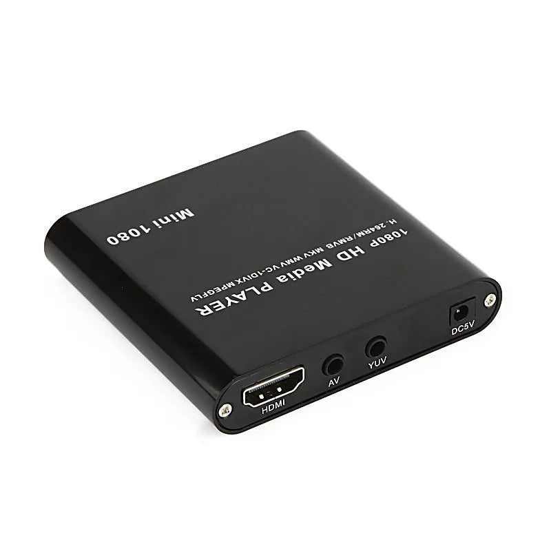 Compact blue and black 1080p Full HD media player with HDMI port and remote control