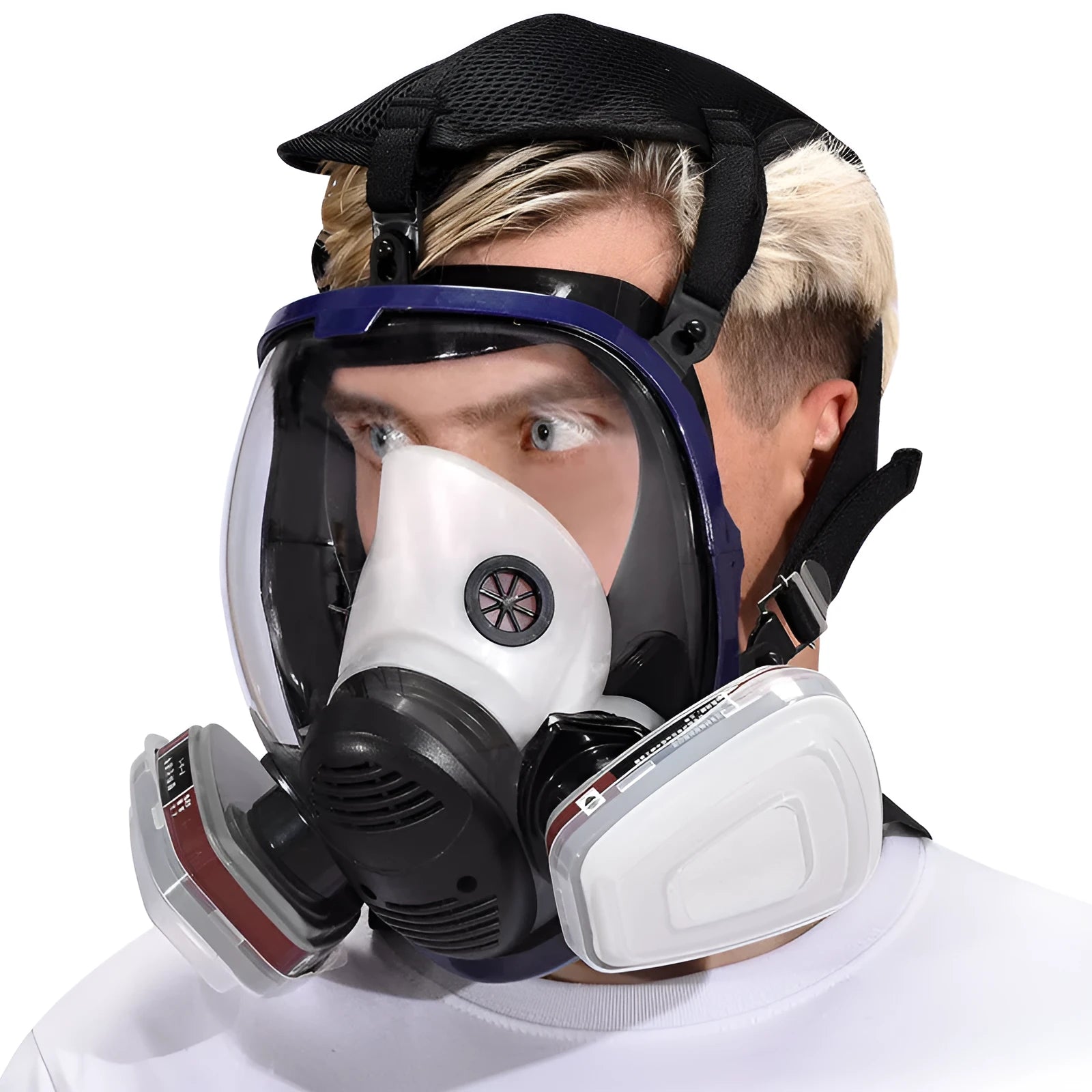 KN95 gas activated carbon spherical full face mask with blue edge design and trapezoidal canister