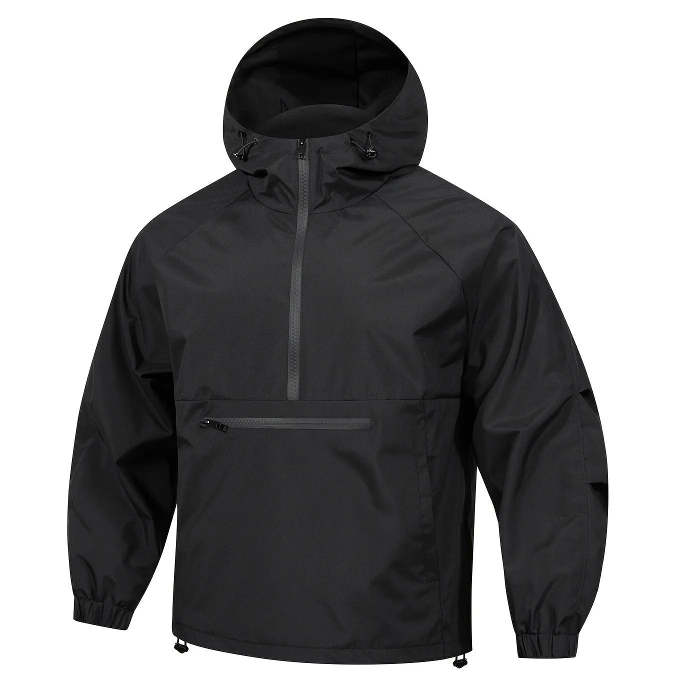 Men's loose grey corduroy half-zip hooded sweater jacket with rabbit fur fabric on a hanger