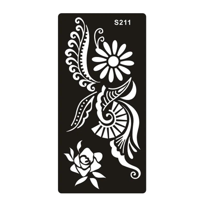 Sheet of hollow geometric and Southeast Asian style temporary tattoo templates on water transfer paper.