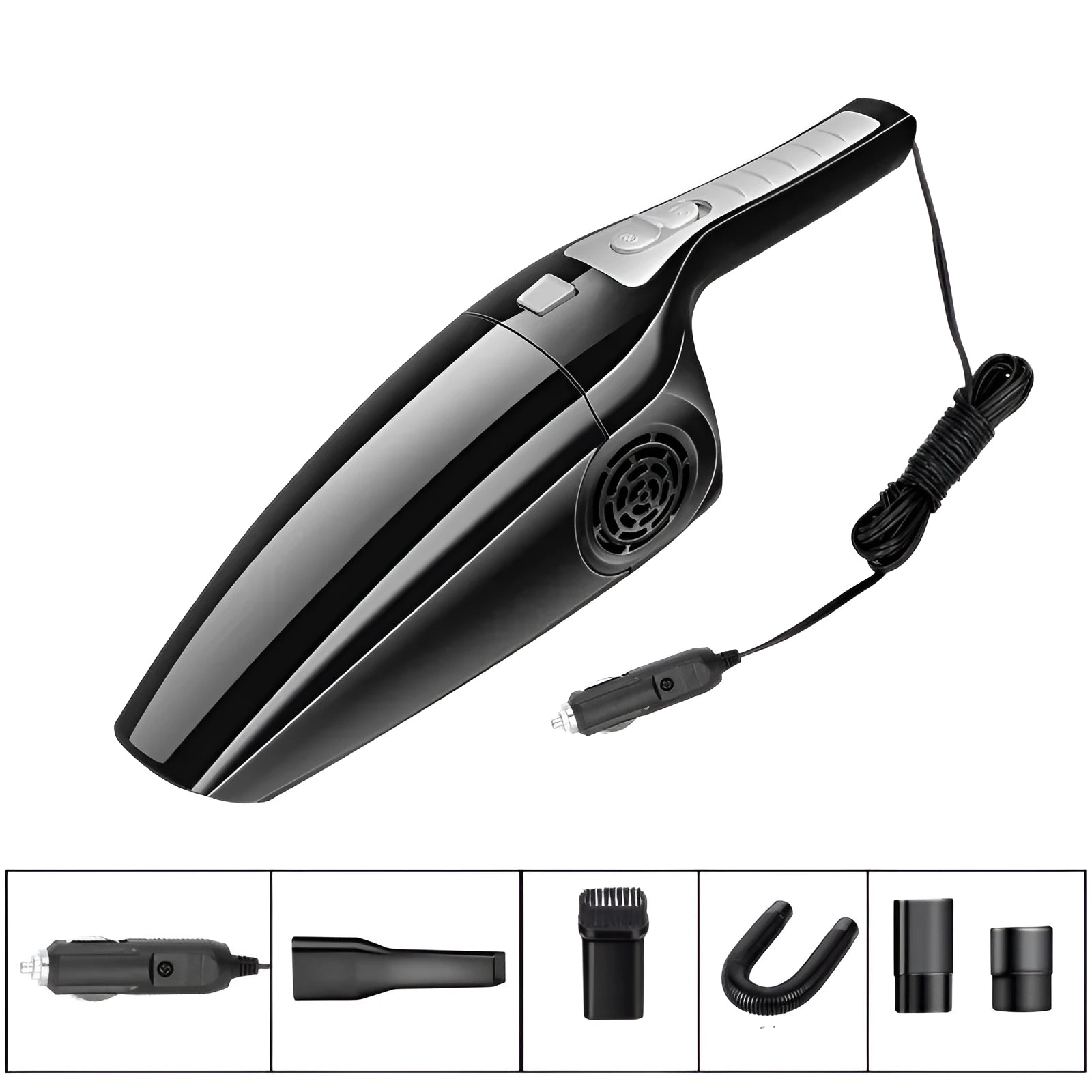 Hypa 8th generation black and orange handheld car vacuum cleaner with 12V plug.