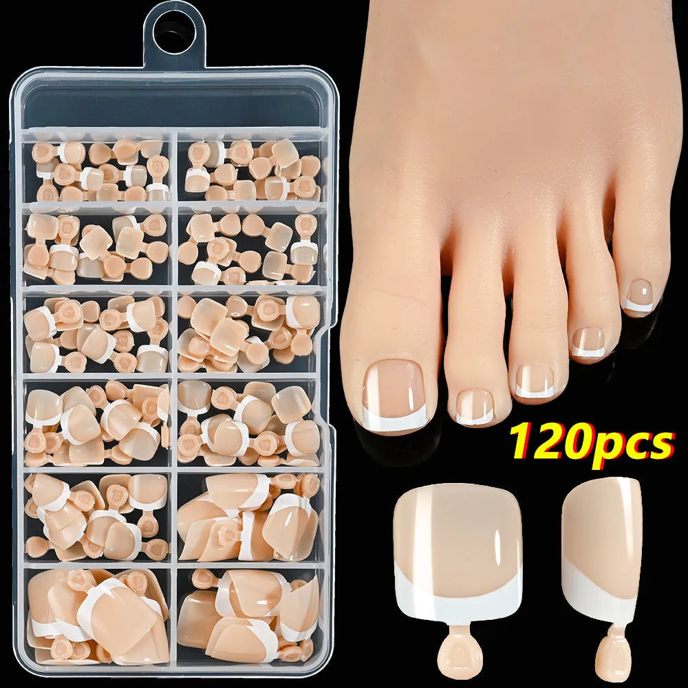 120 piece box of French white edge toenail pieces in nine nude colours with full square short shape