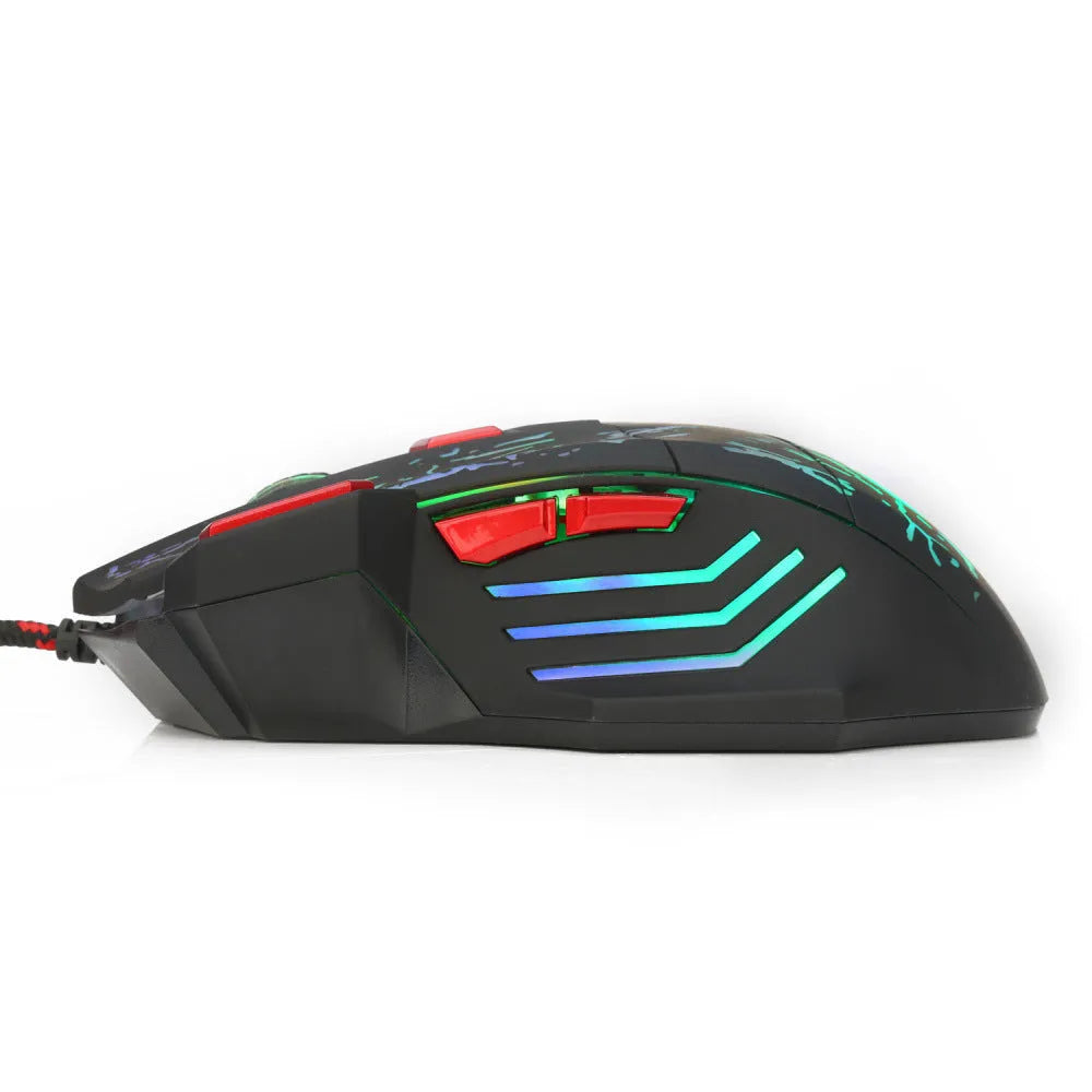 Black gaming mouse with luminous water crack pattern design, USB cable, and ergonomic shape