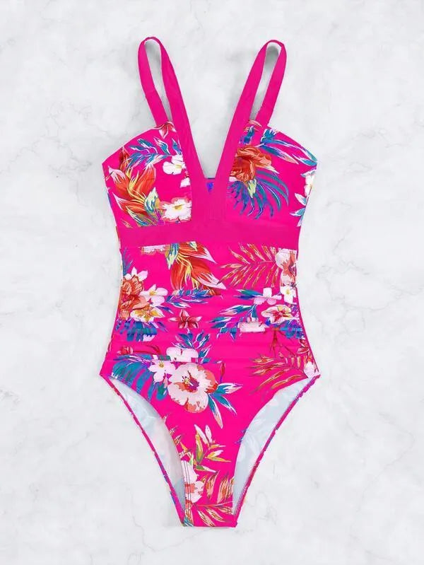 Women's floral pattern backless one-piece swimsuit in a polyester-spandex blend