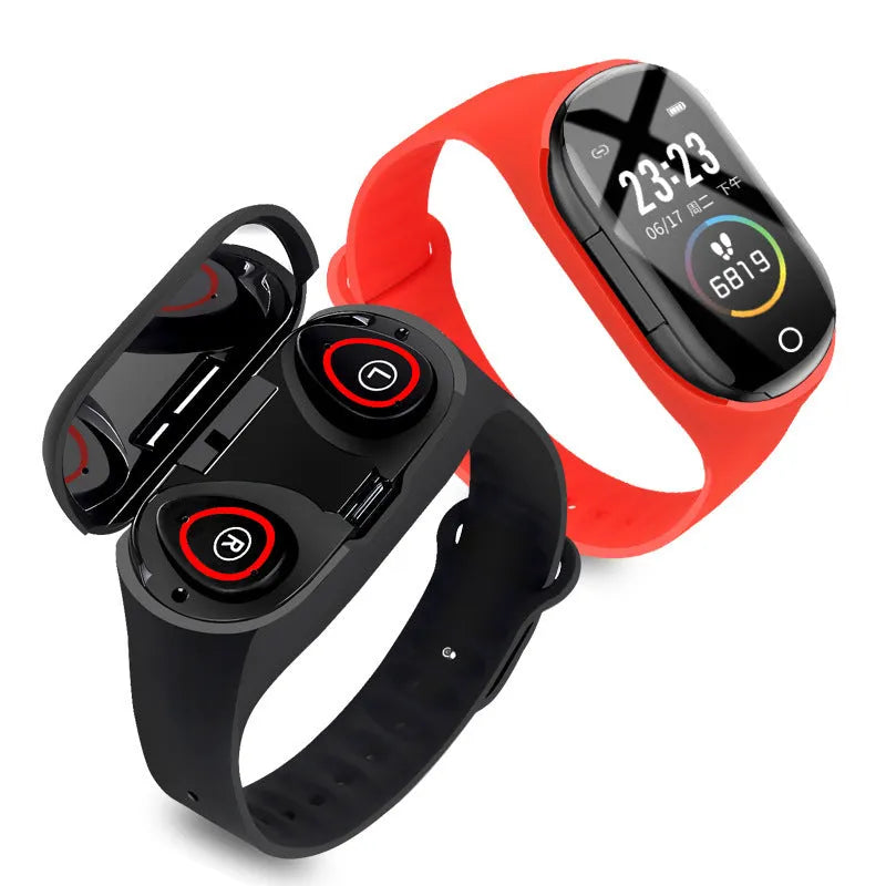 Blue smart bracelet with 1-inch touchscreen and wireless earphones for fitness tracking and calls