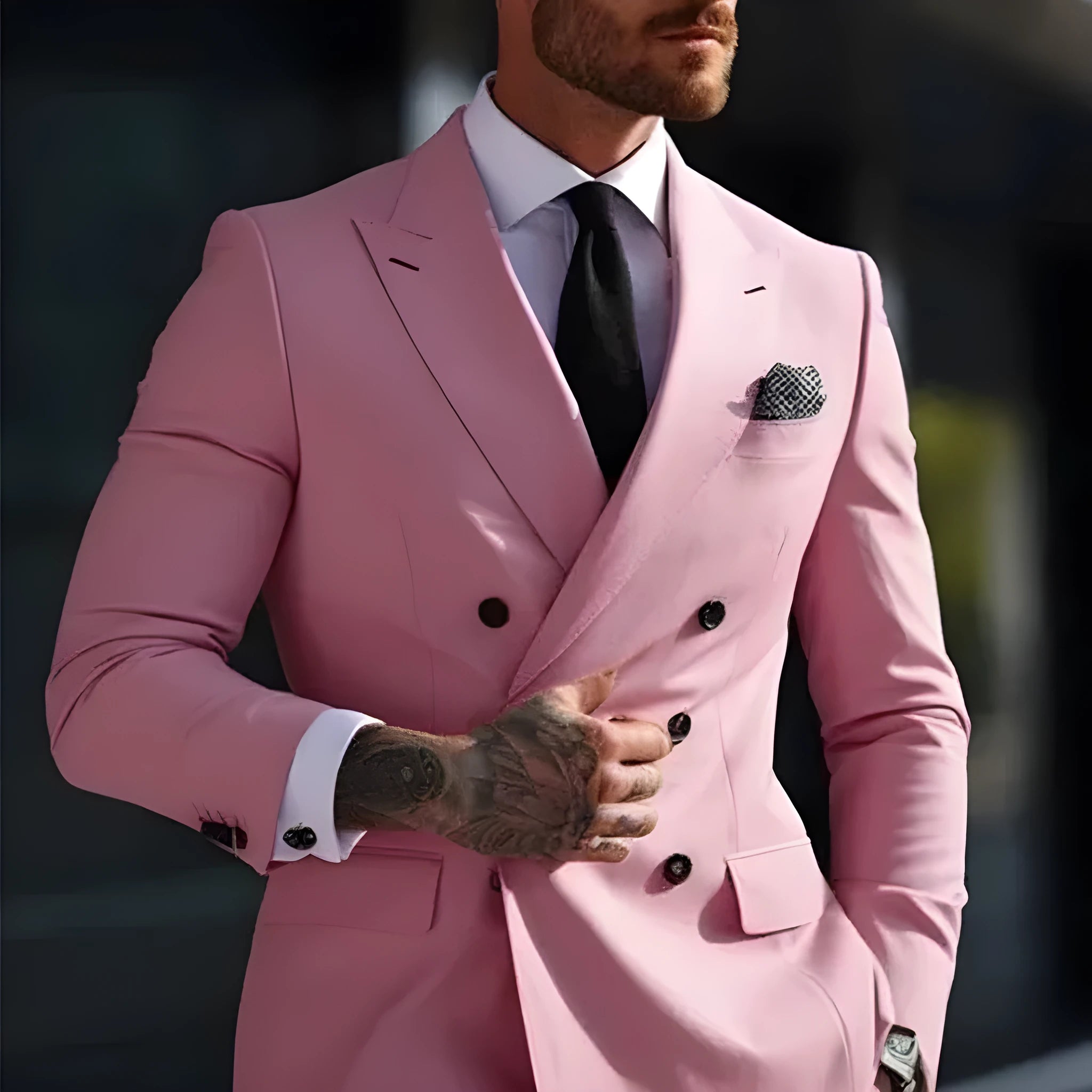Korean style slim fit men's two-piece suit in a cotton blend fabric for business and banquet wear.
