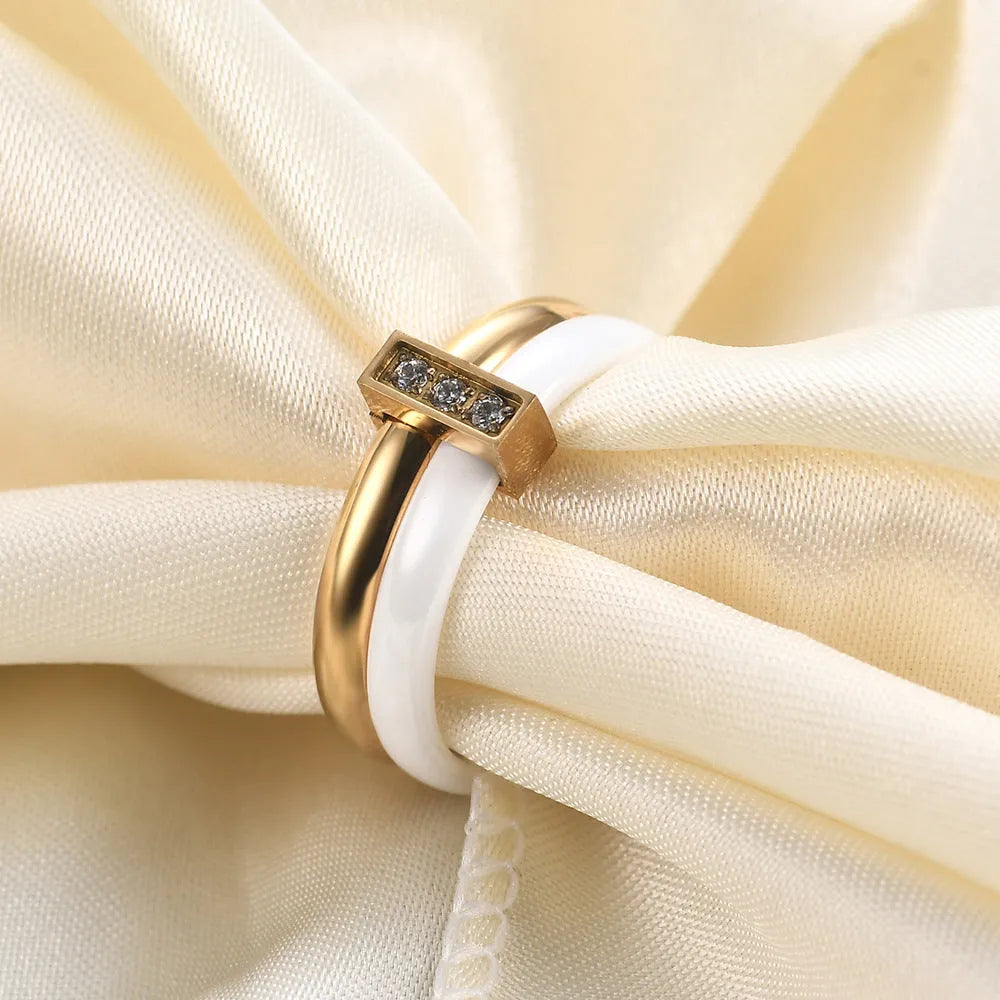 Geometric ceramic women's ring with glossy stitching and zirconium inlay in Steel Black finish