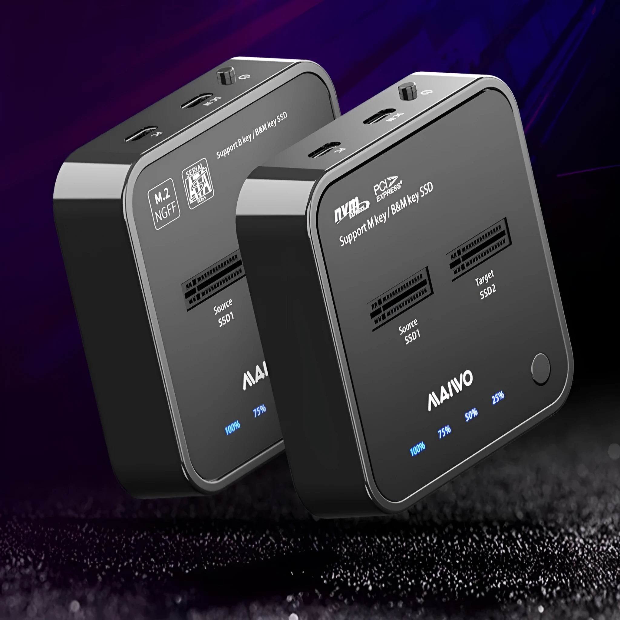MAIWO K3016 M.2 solid state drive cloning dock with cables and power adapter on a desk