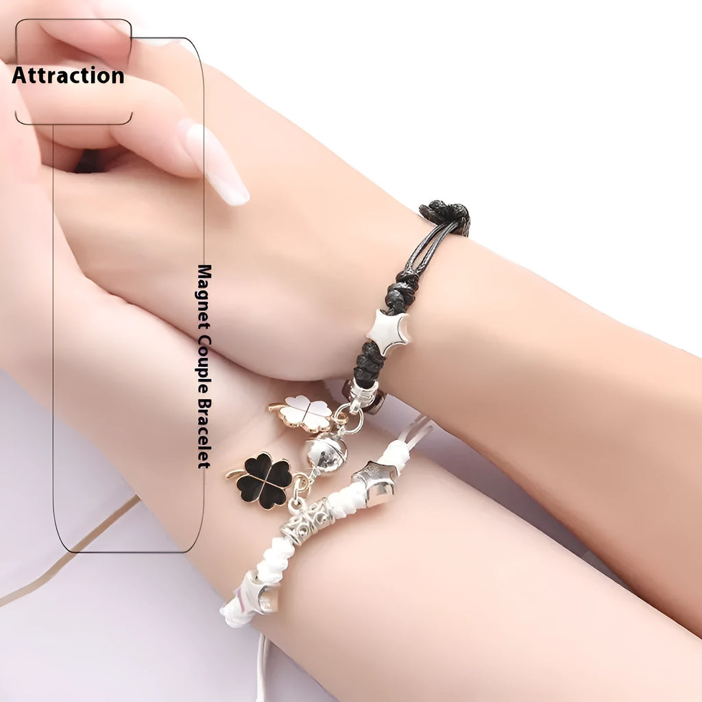 Alloy couple bracelets with magnet closure showing various design options including crown, clover, and text patterns