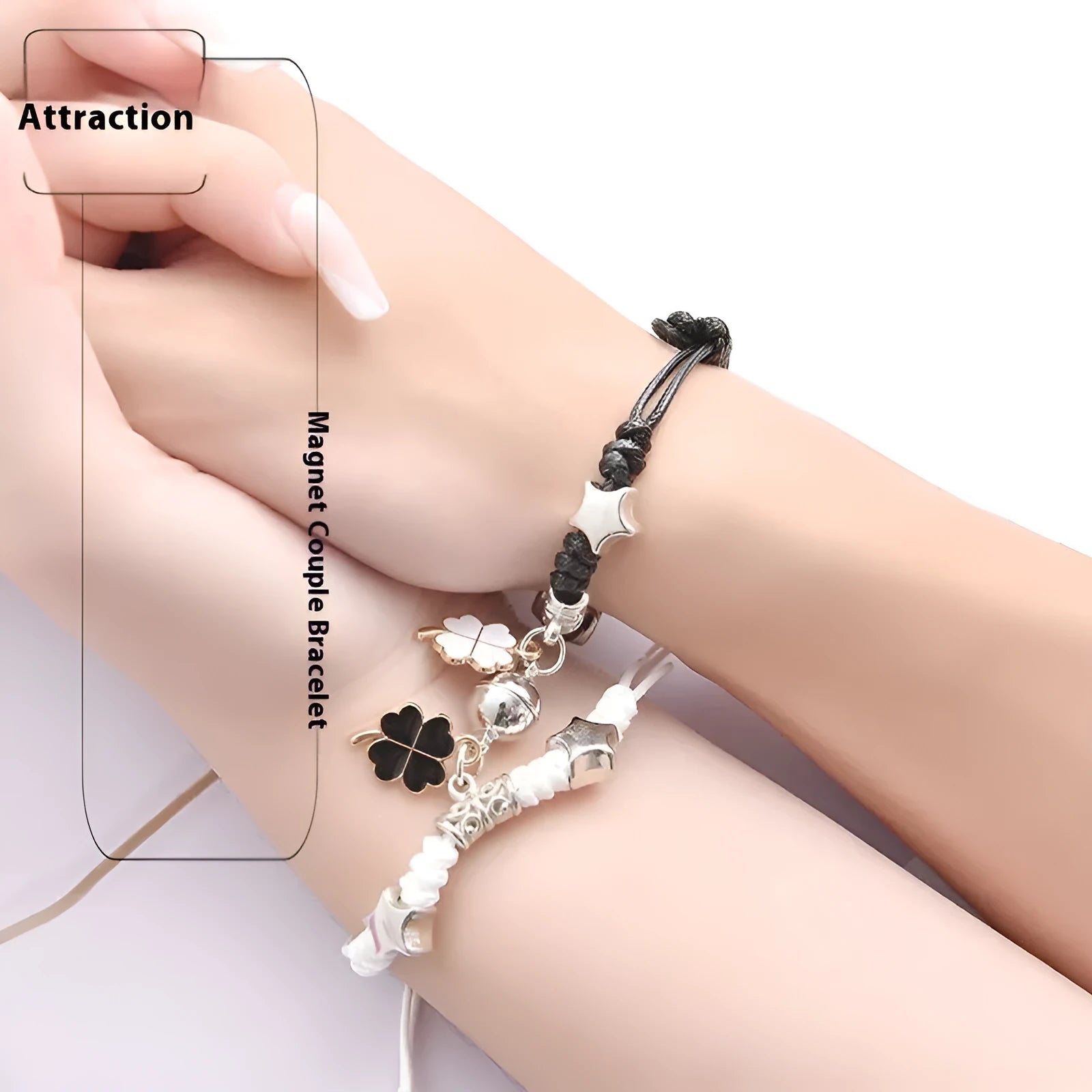 Alloy couple bracelets with magnet closure showing various design options including crown, clover, and text patterns