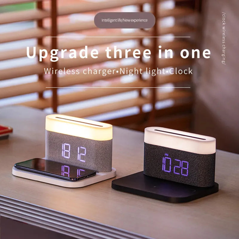 Wireless desktop charger with clock display and night light in modern ABS design