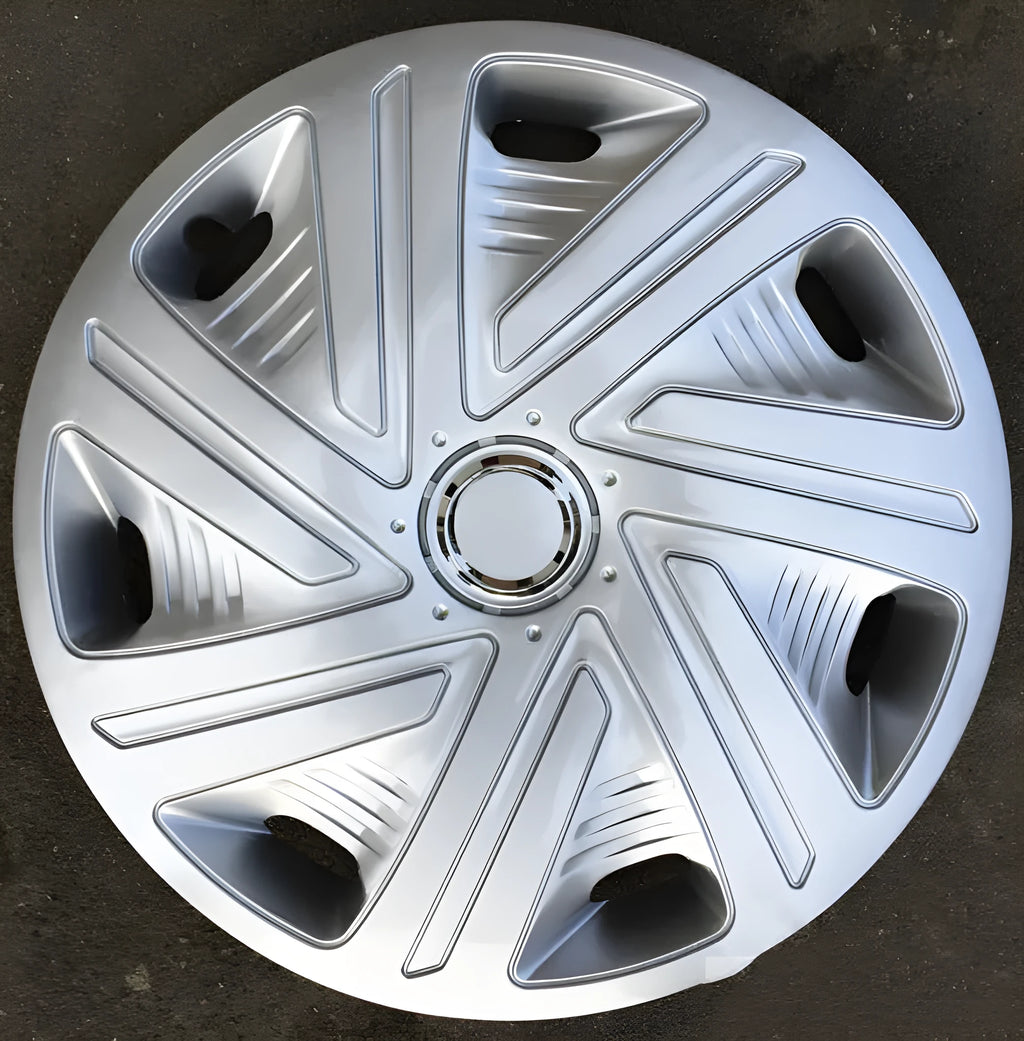 Universal monochrome car wheel hub cover in ABS plastic for 13 to 16-inch wheels.