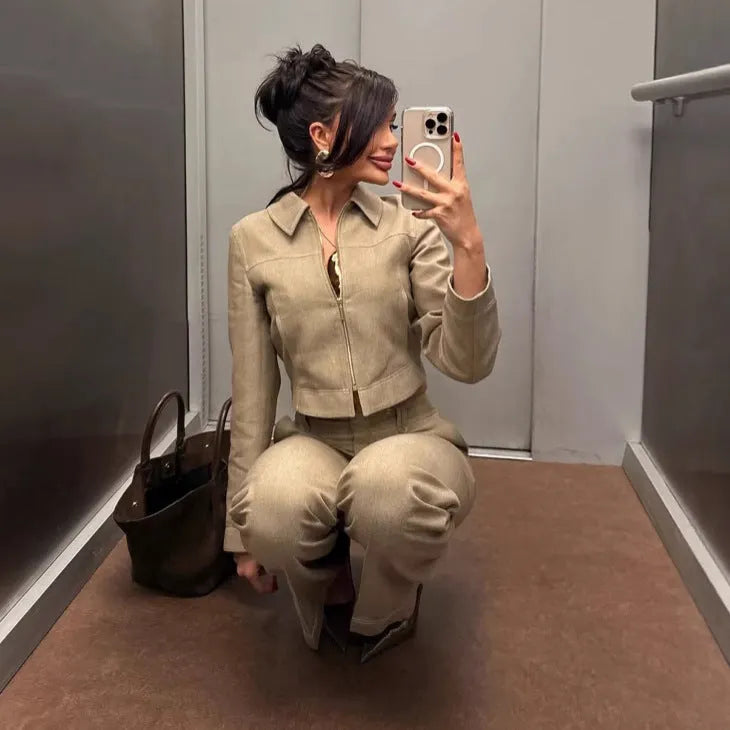 Women's herringbone pattern long sleeve coat and straight-leg pants suit set with 3D effect
