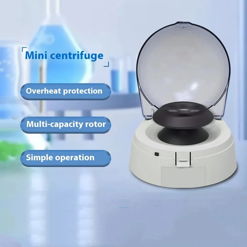 Mini laboratory centrifuge device showing compact 157x170x120mm dimensions with 7000rpm specification