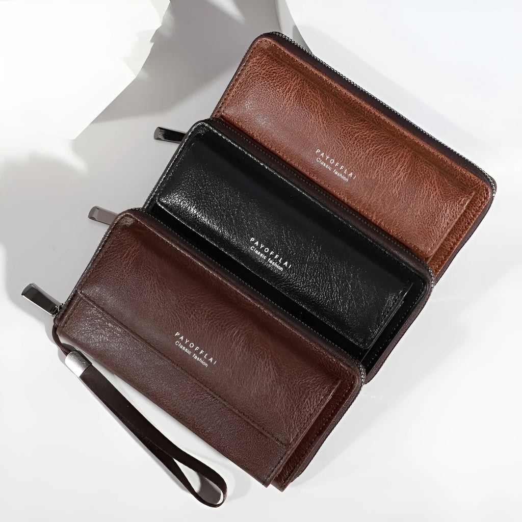 Men's black PU leather long wallet showing multiple card slots and note compartment.
