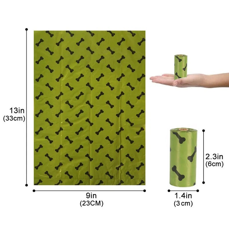 Roll of army green degradable dog waste bags with black bone print, showing bag size and dispenser.