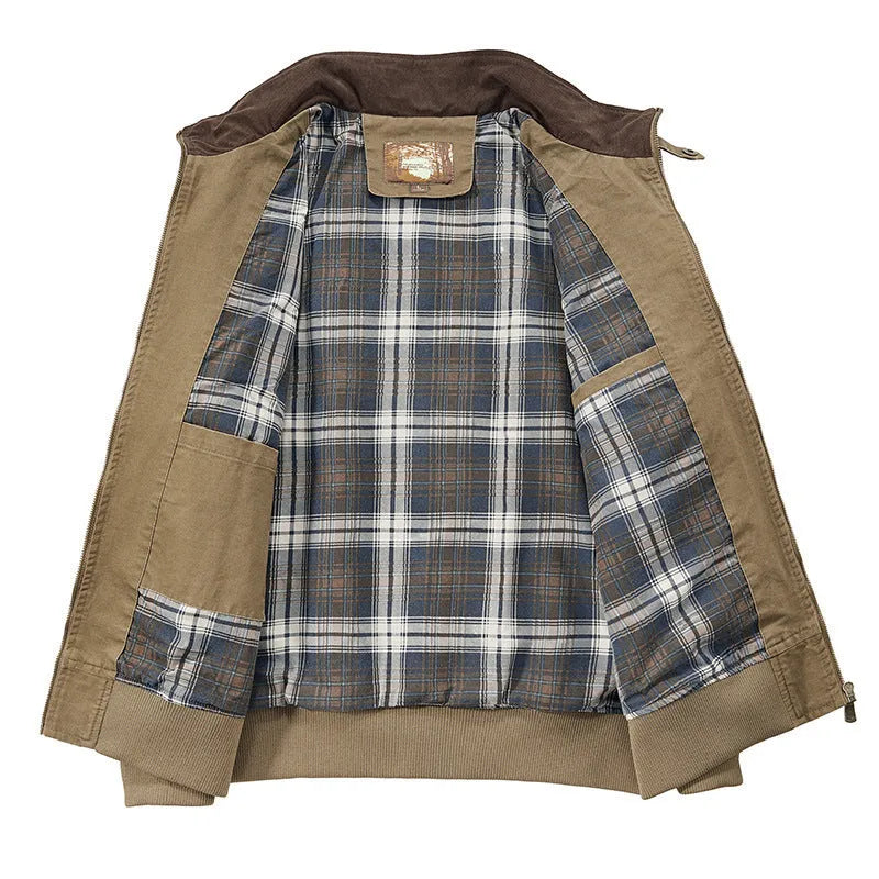 Men's plus-size washed cotton baseball flight jacket in army green, shown on a hanger.