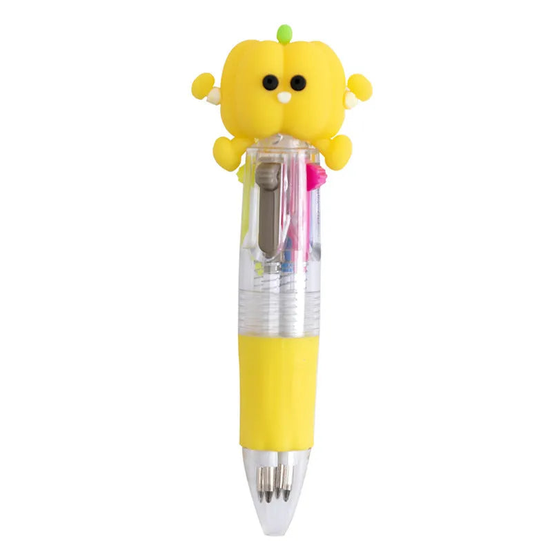 Cute cartoon-themed four-colour press ballpoint pen with 0.7mm tip, showing one random design variant.