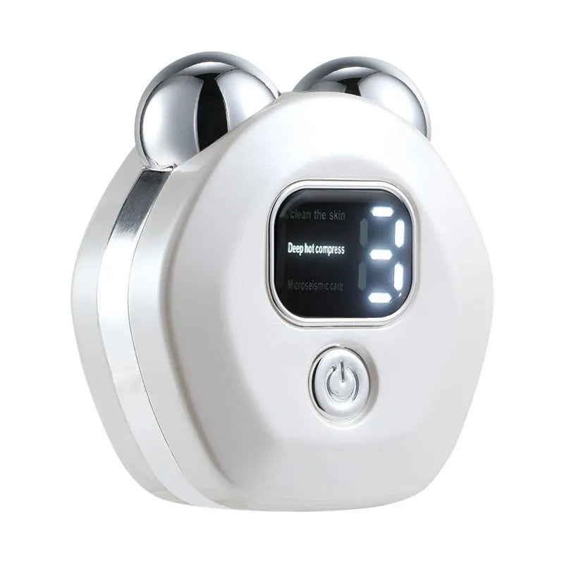 Portable white hot compress and micro current double-roller facial massage instrument with USB charging cable