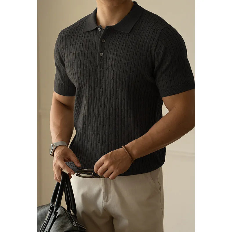Men's khaki coloured short sleeve business top made from a polyester blend fabric.