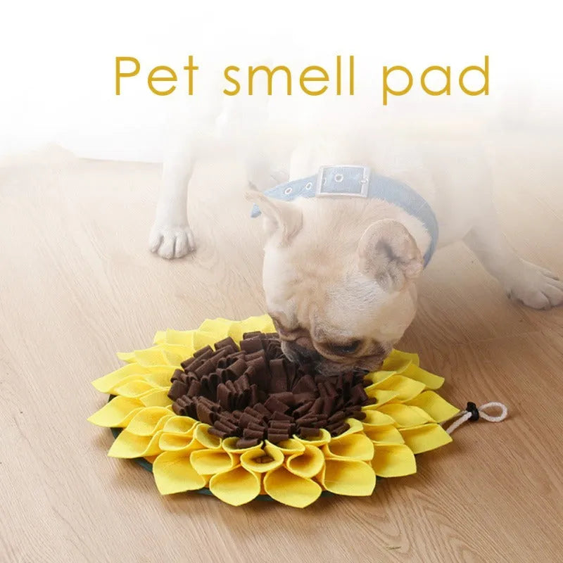 Yellow sunflower-shaped dog snuffle mat with fleece folds for hiding treats.