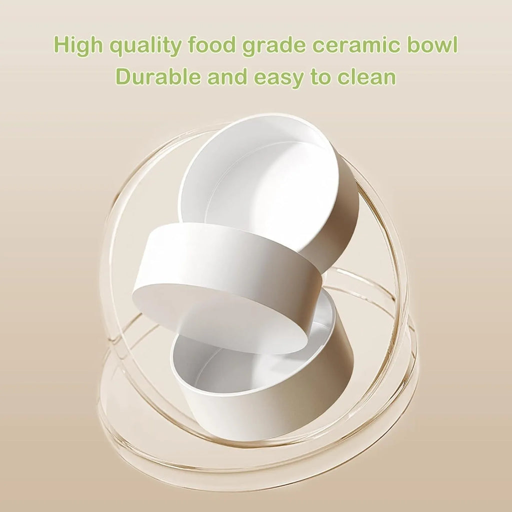 Ceramic elevated cat bowls with 15° tilted stand in green, white, and yellow colour options