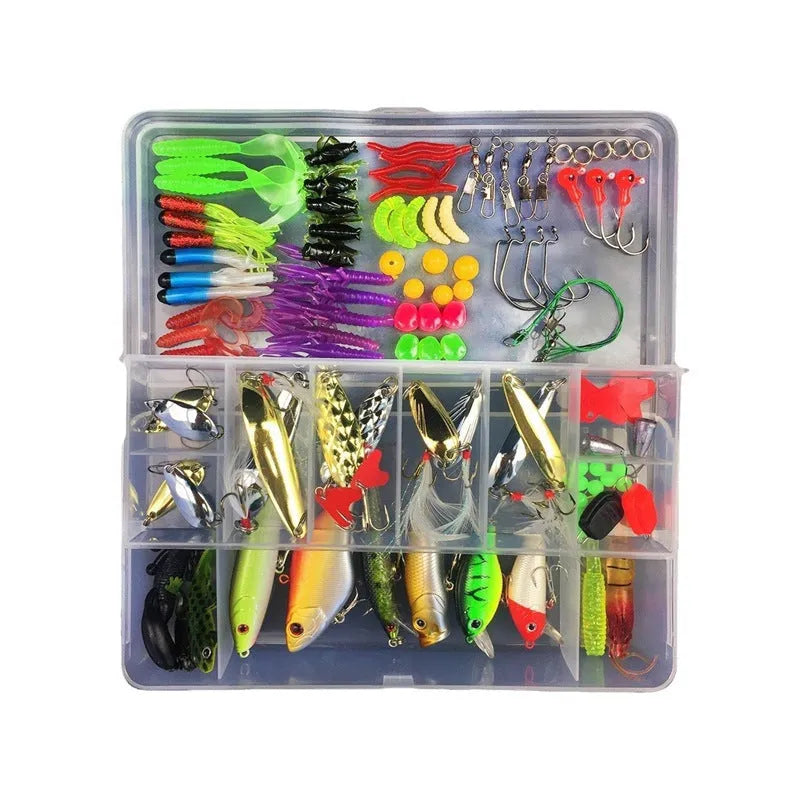 Fishing lure suit set showing soft plastic baits in frog patterns with colour thread inside PP storage box