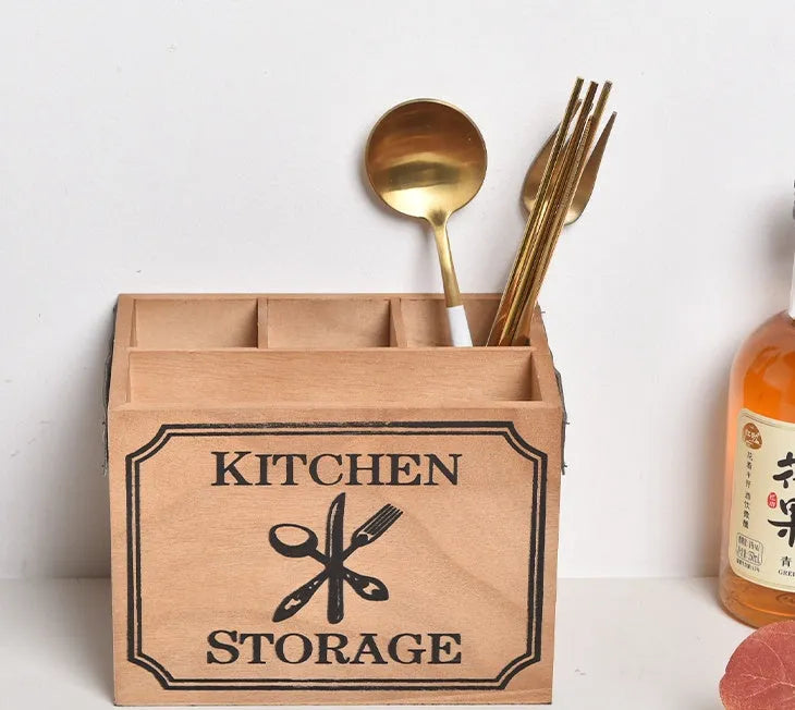 Solid wooden kitchen storage box with internal grid divider for knives, forks, and chopsticks.