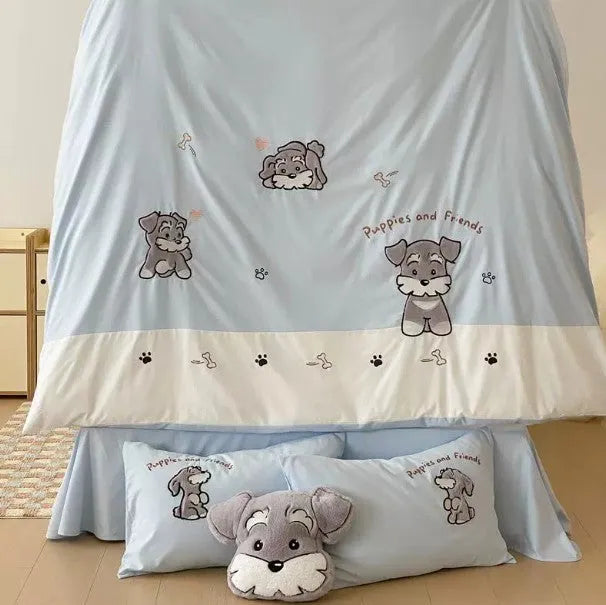Cartoon Schnauzer cotton bedding set with embroidery details on quilt cover and pillowcases