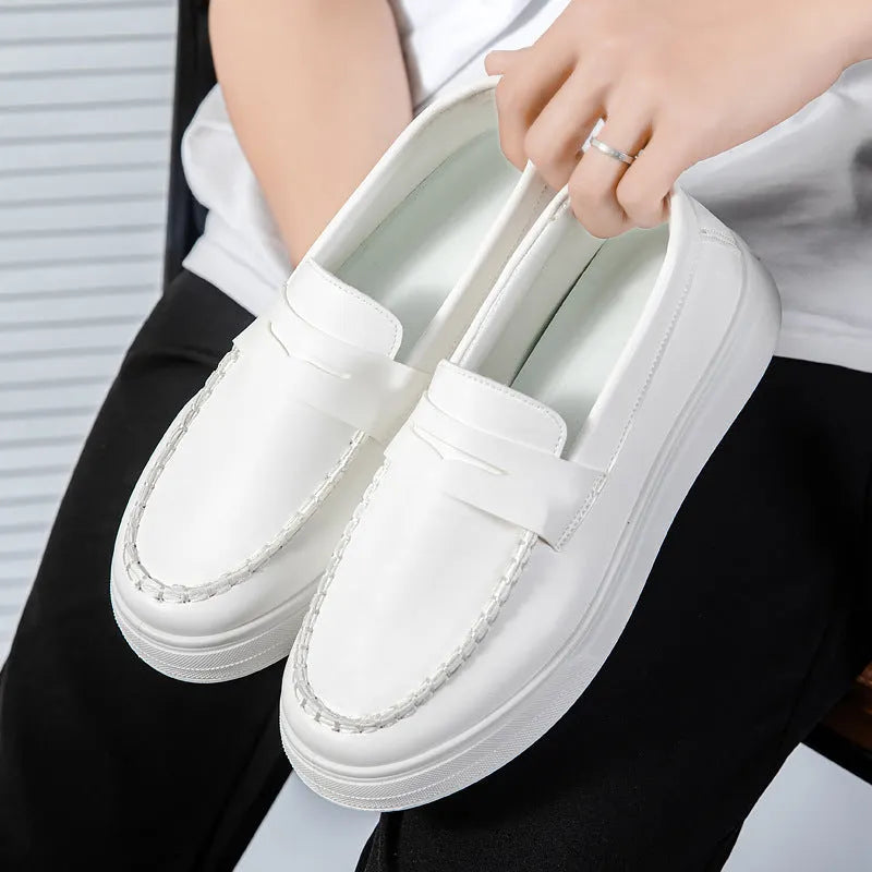 Casual slip-on shoes in white, black and white, and khaki colours with round toe design