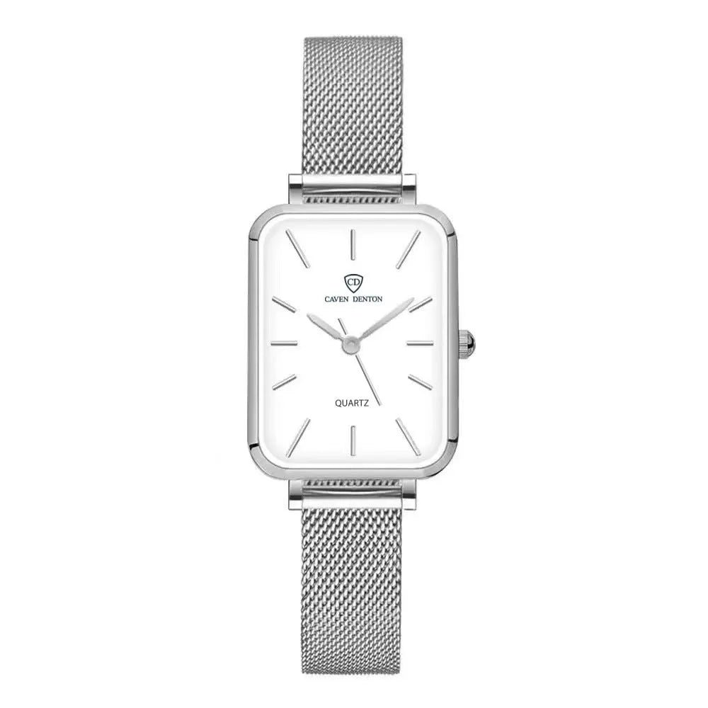 Women's waterproof quartz watch with woven steel strap in rose gold colour showing alloy case and mineral glass
