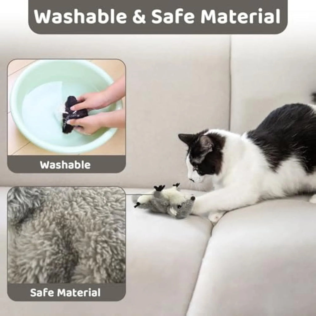 Grey plush squirrel cat toy with flapping wings, shown with a USB charging cable.