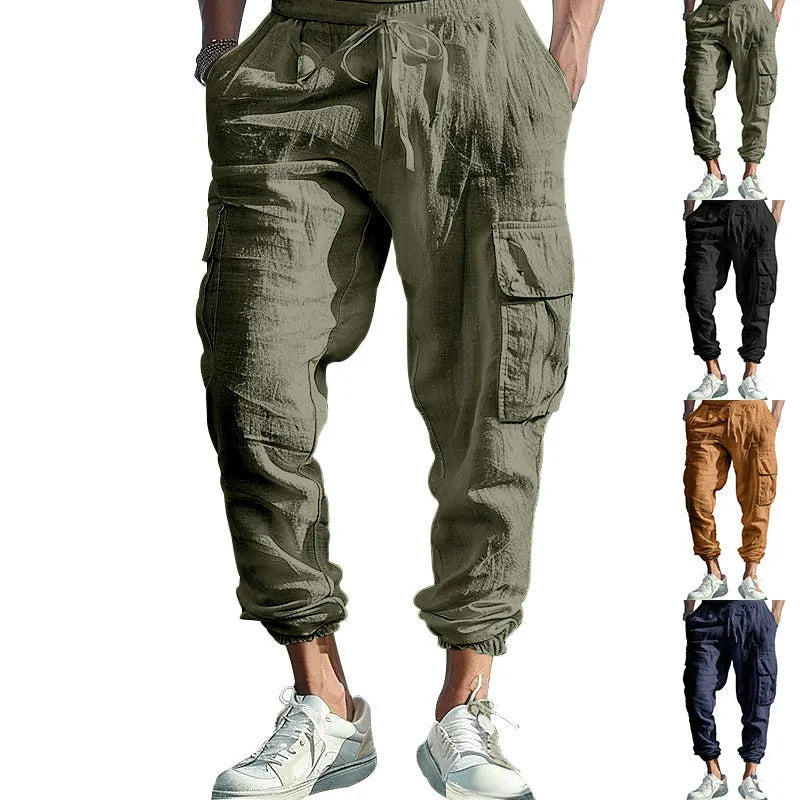 Men's loose-fit linen trousers with ankle-tied cuffs and multiple pockets.