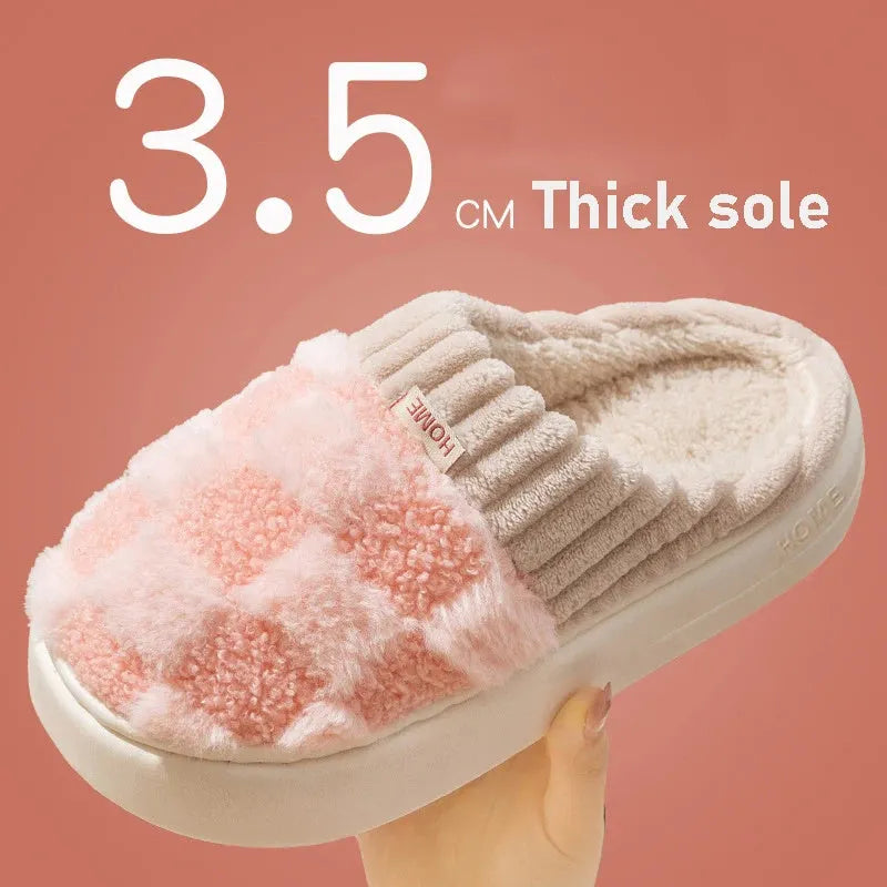 Plaid plush indoor slippers for women in five colours with thick lining and non-slip PVC sole