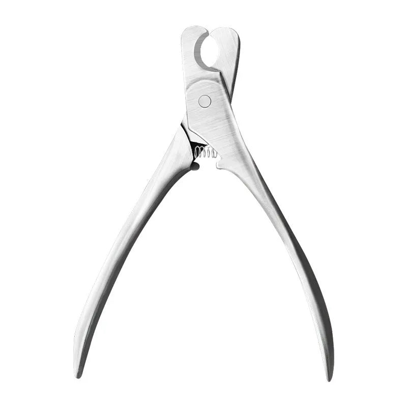 Silver stainless steel professional pet nail clipper with spring-loaded handles.