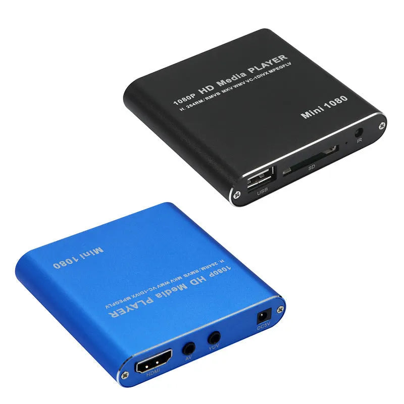 Compact blue and black 1080p Full HD media player with HDMI port and remote control