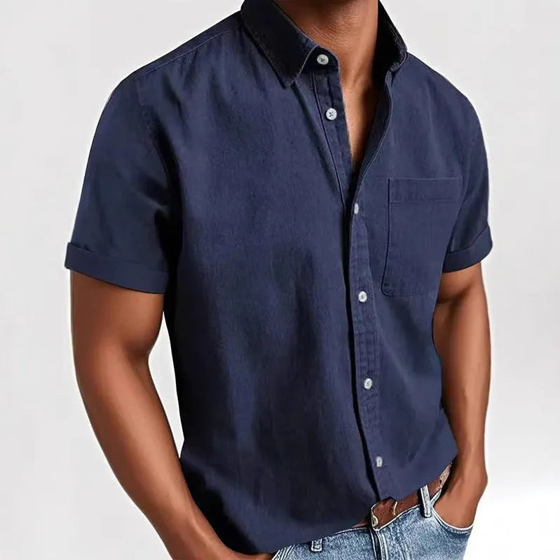 Men's loose fit short sleeve shirt in cotton blend fabric showing single-breasted cardigan styling