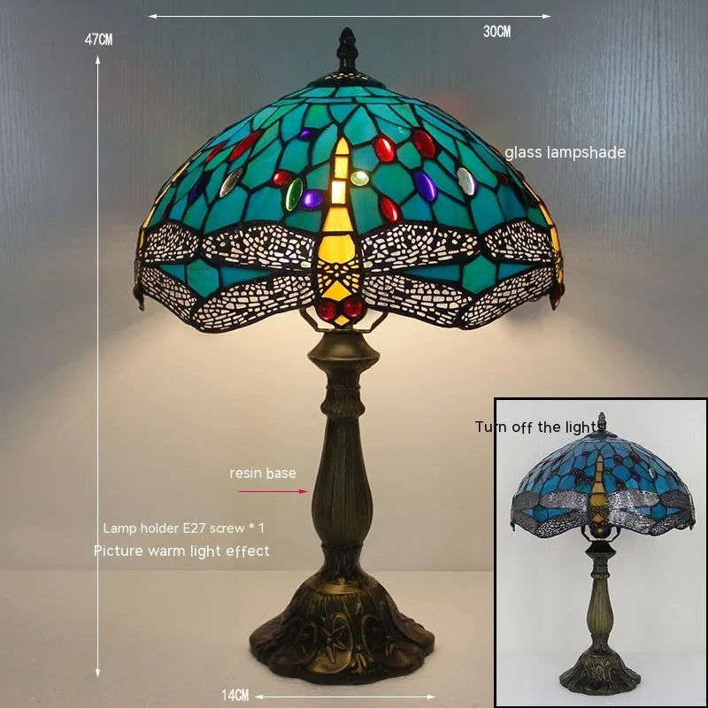 Stone table lamp with Tiffany-style dragonfly design in retro European style