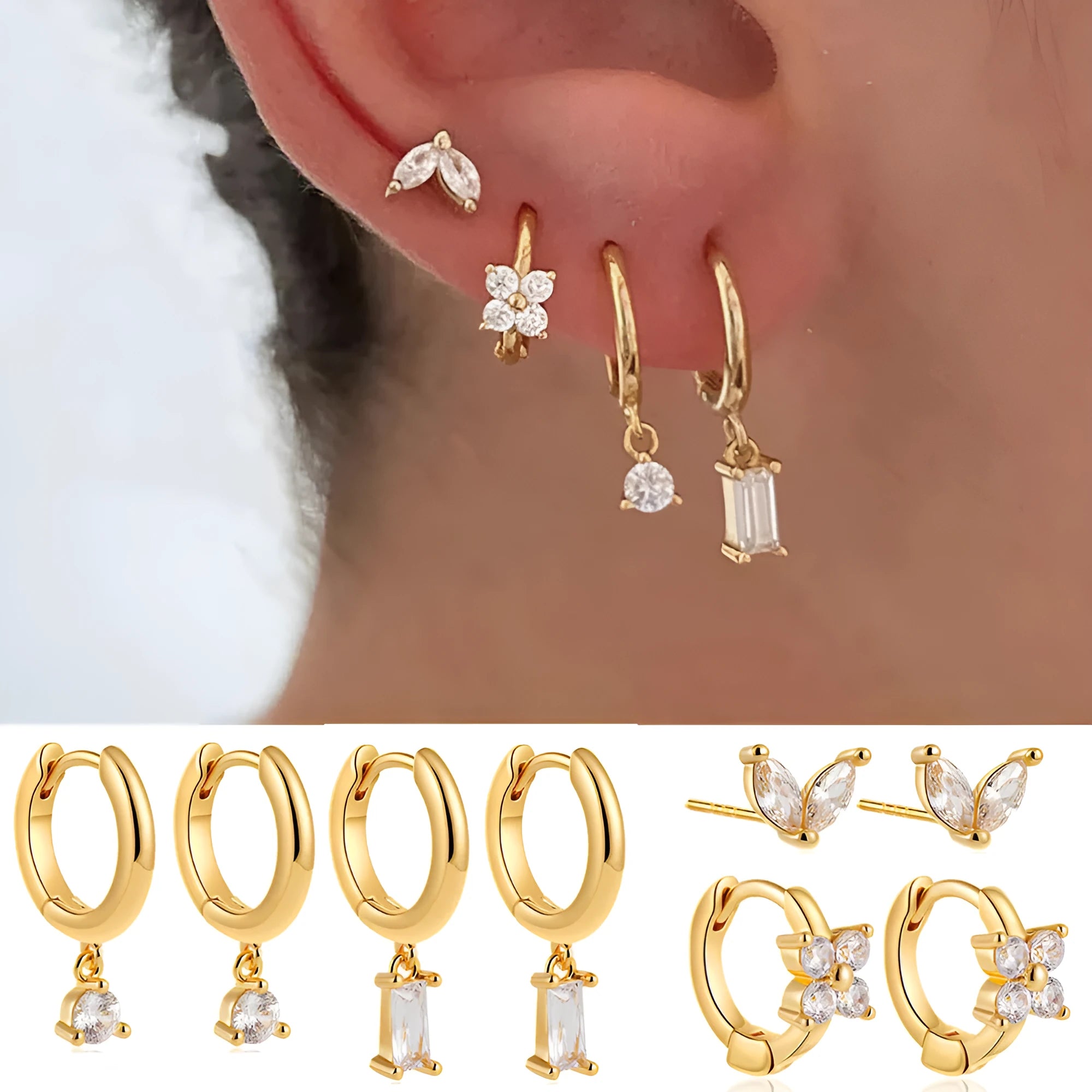 Geometric square copper earrings with zircon plating in gold and silver four-piece sets for women